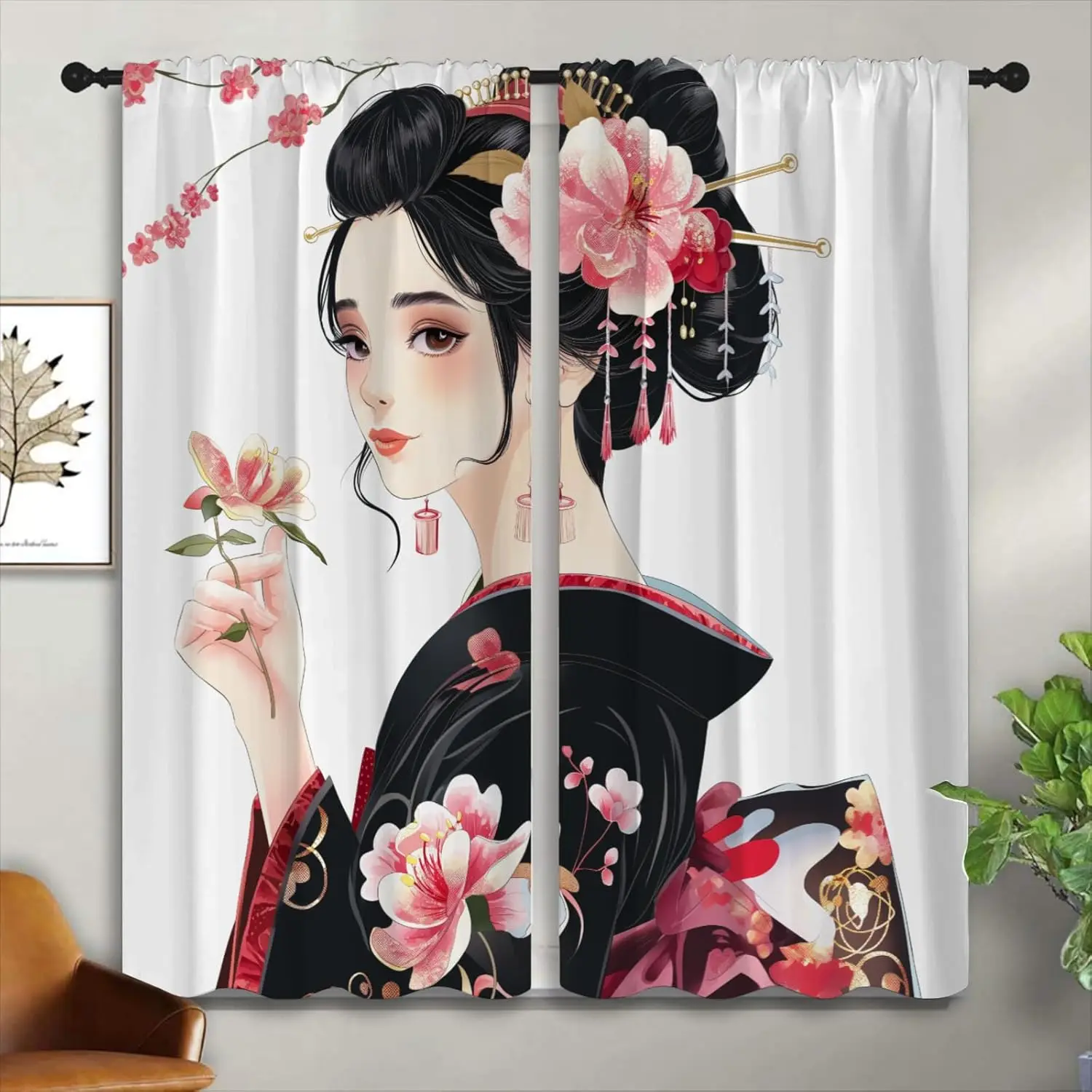 Japanese Geisha Blackout Curtains for Boys Girl Bedroom Home Decor, Kimono Pink Cherry Blossoms Anime Style Thermal Insulated