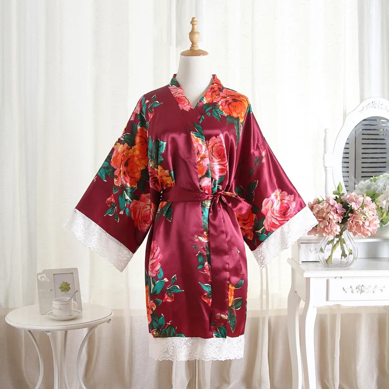 Kimono estilo japonês feminino, estampa peônia, camisola padrão, cardigã com renda, roupão curto, pijama de seda de imitação fina, roupas femininas