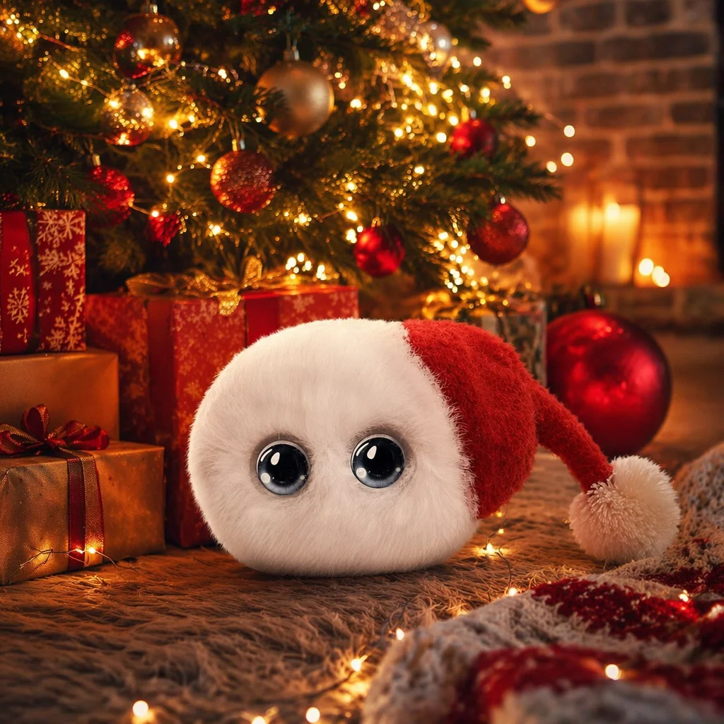 Christmas Fluffy White Round Ball Plush Doll With Santa Hat Big Eyes Stuffed Animal Toy Kawaii Festive Table Ornament New