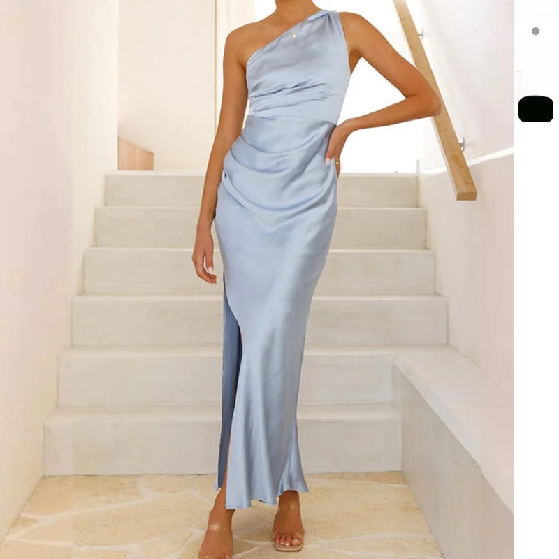 

High Waist Long Svel Pure Color Sexy Strapl Dr Women's Faion Spring Polyester Gown Split A-Line Skirt