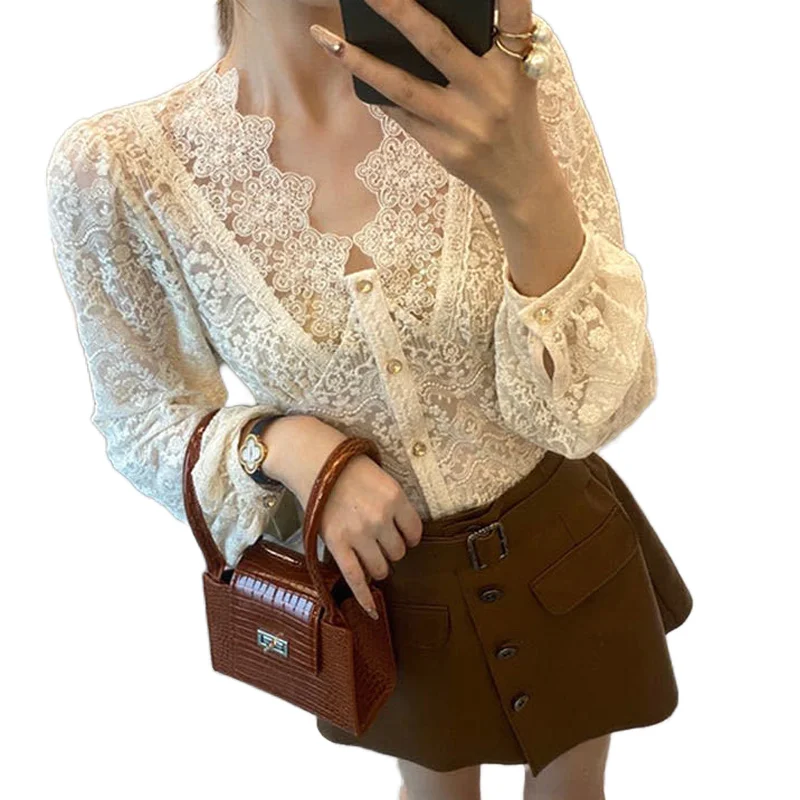 2022 New Summer Temperament V-neck Puff Sleeves Lace Shirts Apricot Thin Sexy Slim Button Blouses Korean Fashion Women Clothing