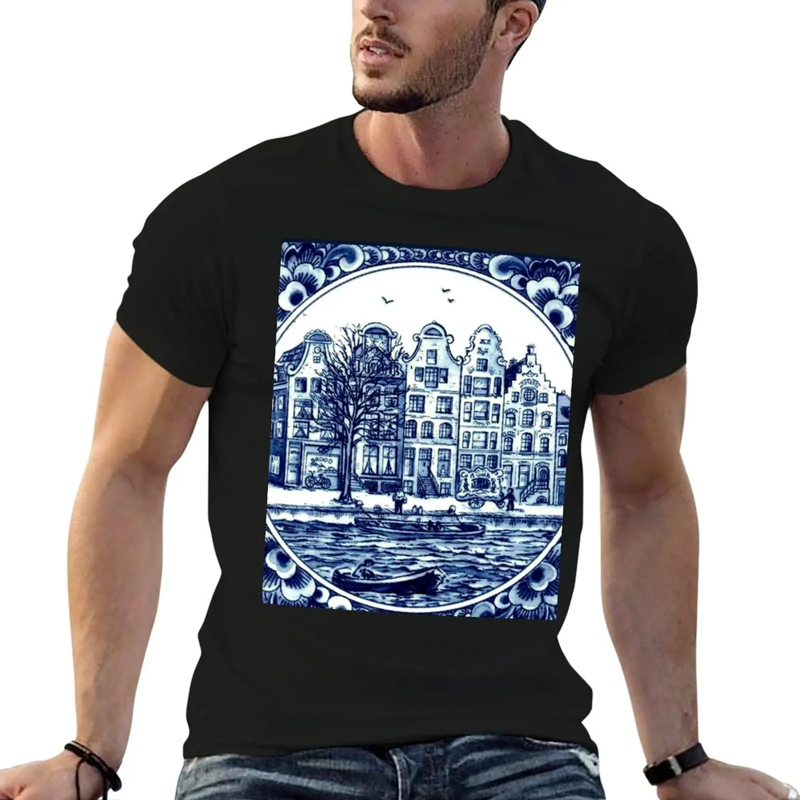 DUTCH BLUE DELFT : Vintage Boats in Canal Amsterdam Print T-Shirt t shirts for man pack cotton man t shirts graphic T-Shirt