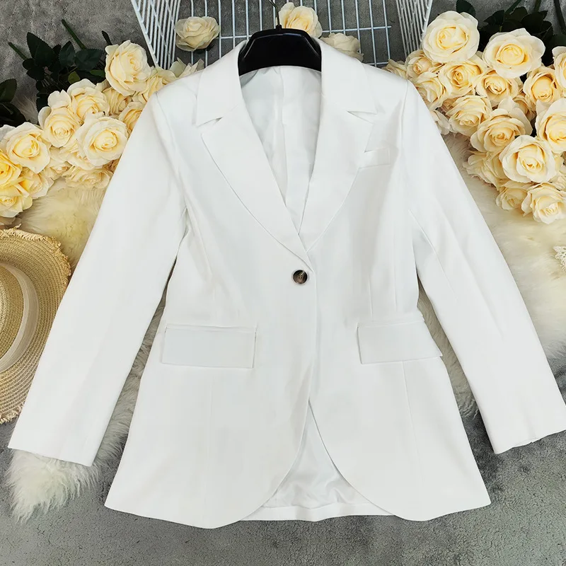 

Модный белый маленький костюм Jaet, женский повседневный костюм из полиэфирного волокна, длинный свек, с отложным воротником, однотонная осенняя одежда