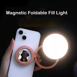 Foldable Mini Magsafe Selfie Light with Mirror for Cell Phone Pocket Magnetic Ring Light Photography Iphone 16/15 Samsung LED
