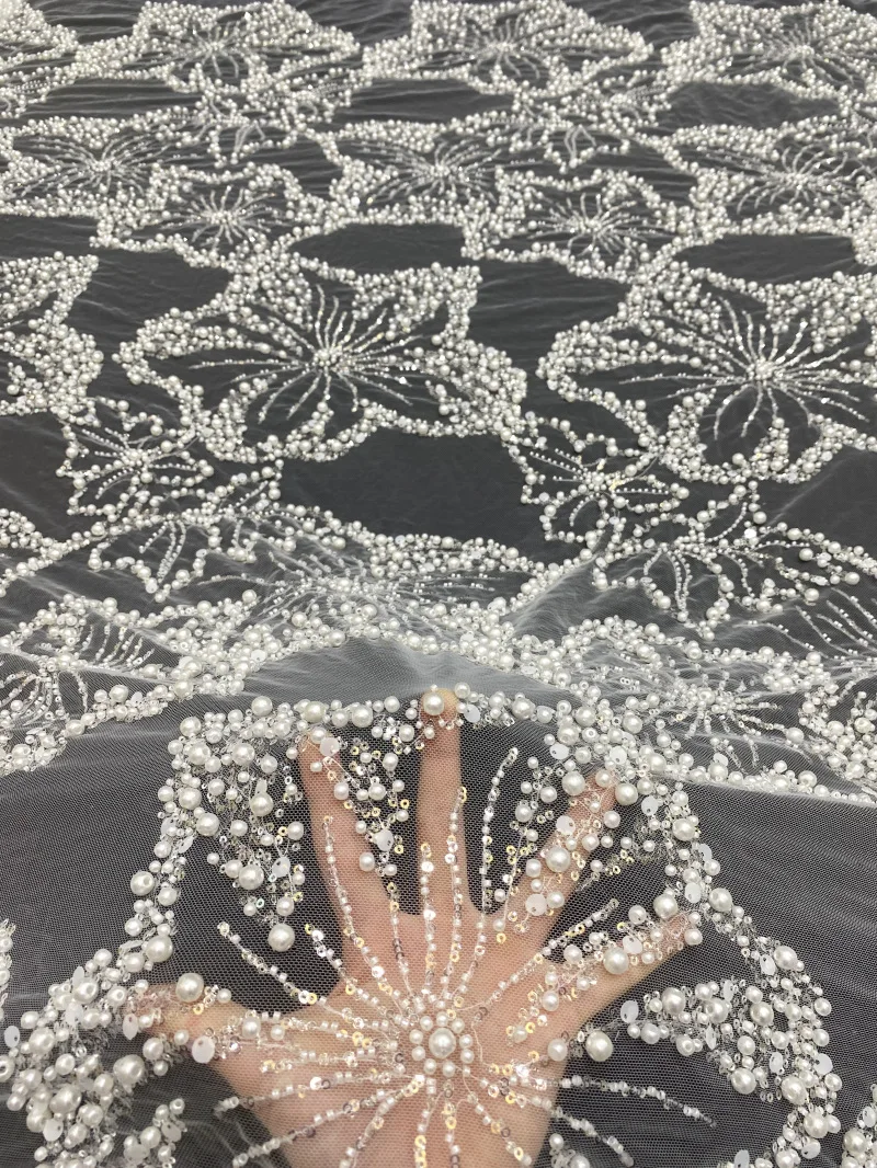 

High-end shiny bead floral embroidered wedding dress fabric lace bead and sequin fabric party evening dress designer fabric