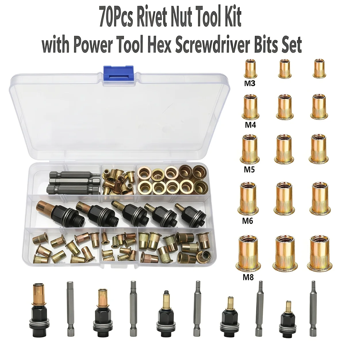 70Pcs Rivet Nut Adapter Kit, M3-M8 Rivet Nuts, 5 Mandrels & 5 Hex Bits, Power Drill Tool for Automotive, Furniture & Metal Sheet