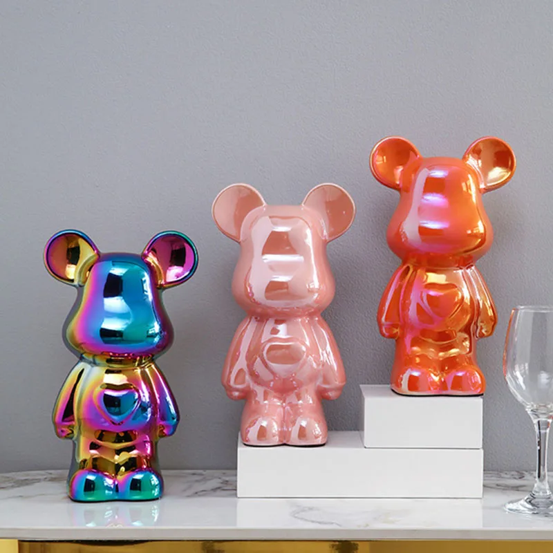 NORTHEUINS Ceramic Luxury Violence Bear Figurines Colorful  Electroplated Teddy Bear Collection Item Living Room Decor Ornaments