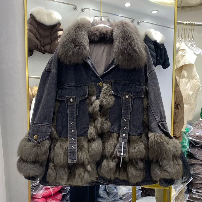 2023 Winter Fox Fur Denim Parka Fur Coat Women Fashion Chain Down Parka Female Thick Warm Genuine Fur Jacket Outerwear