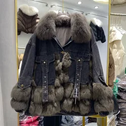 2023 Winter fuchs Pelz Denim Parka Pelzmantel Frauen Mode Kette Daunen Parka Frau dicke warme echte Pelz jacke Oberbekleidung