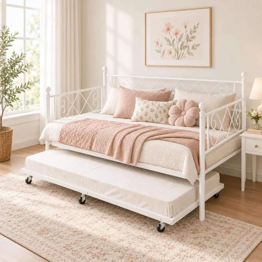 Daybed with Trundle, Heart‑Shaped Daybed with Trundle, Sturdy Metal Sofa Bed, Heavy-Duty Metal Bed Frame Support, for Living Ro