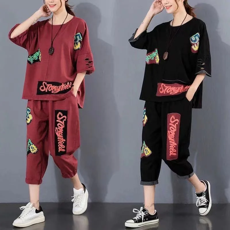 Women's Suit 2022 New Summer Casual Loose Skinny Short Sleeve Top Calf-length Pants For Sweat Suits Women Matching Two Piece Set