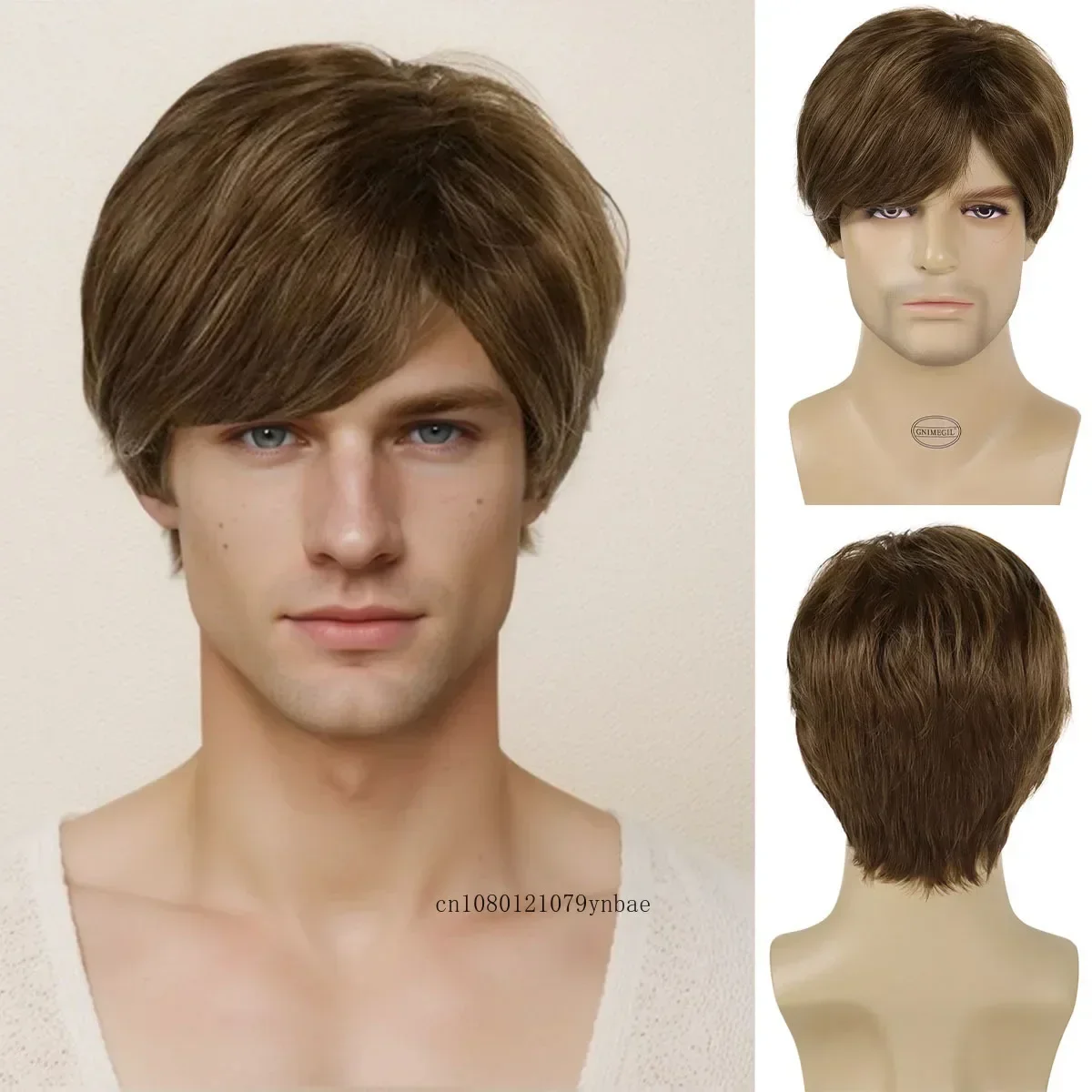 

Мужские синтетические короткие стрижки, коричневый парик, натуральные прямые прически, мужской парик с челкой, повседневные повседневные парики для замены волос