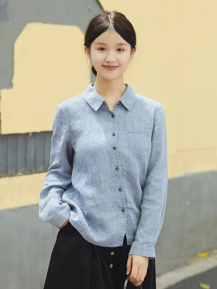 

Blue Weave Linen Long Sve irt Book Page Sle, осеннее новое поступление, свободный крой для поездок на работу, женский Ne irt