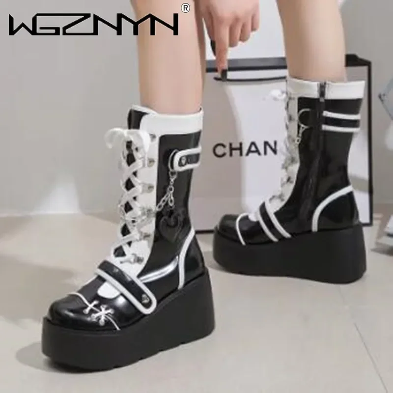 2024 Kawaii Sweet Gothic Platform Mid Calf Boots Women Street Autumn Wedges High Heels Punk Boots Girls Cute Cosplay Women Shoes