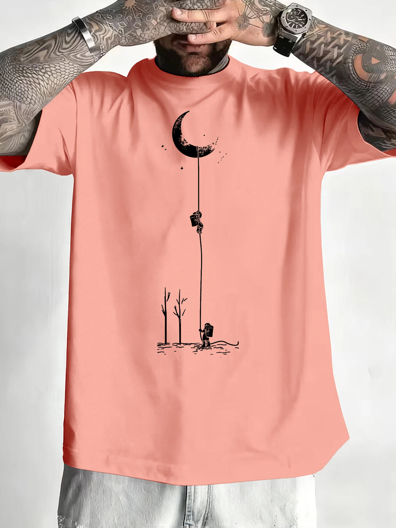 European and American men's fashionable printed T-shirt, daily casual wear, moon print,S-XXL