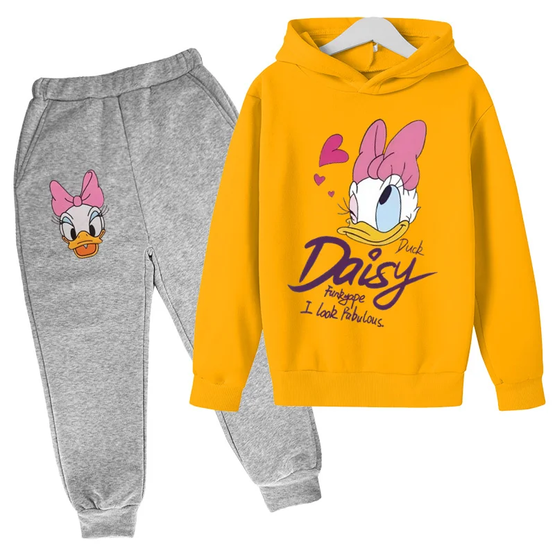 Kids Spring and Autumn Hoodies for Boys and Girls Aged 3-12 Outdoor Sports Two Piece Set Printed Donald Duck Day Top and Pants