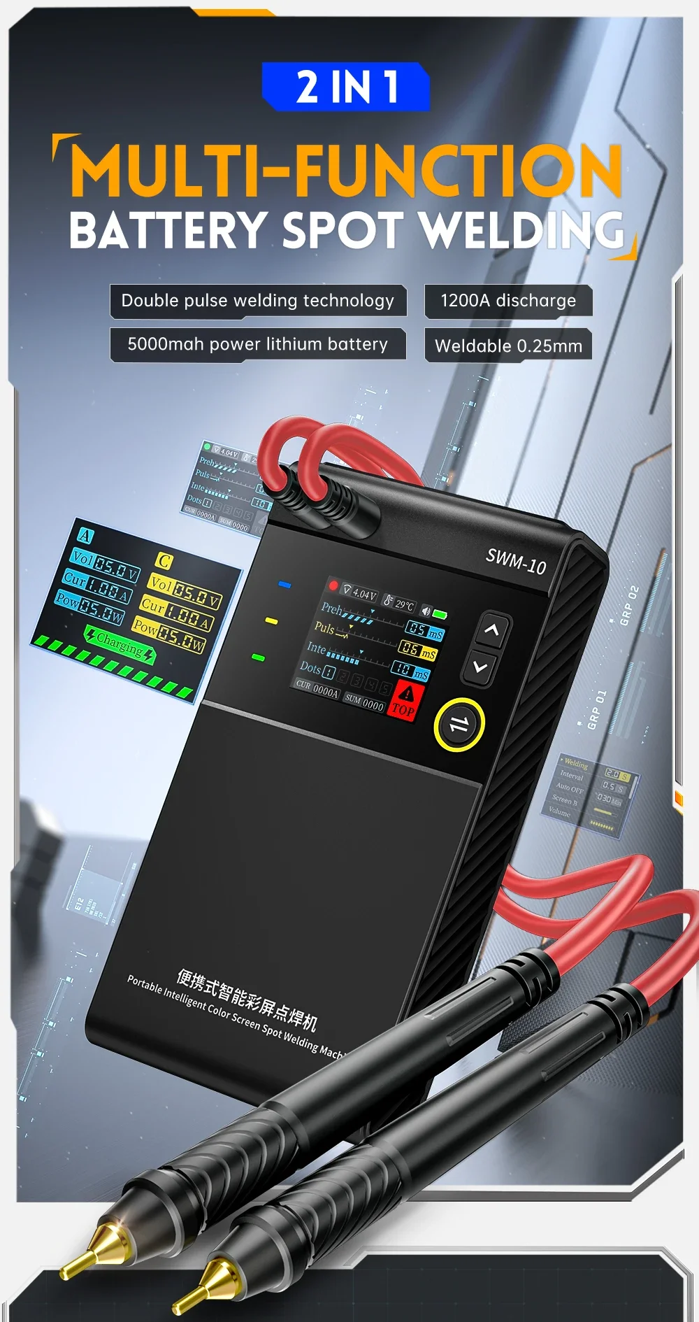FNIRSI SWM-10 Tragbarer TFT-Bildschirm Akku-Schweißer, Handgehaltenes DIY-Schweißgerät, 5000mAh 18650, maximale Nickelplatten-Dicke 0,25mm – Detail 1