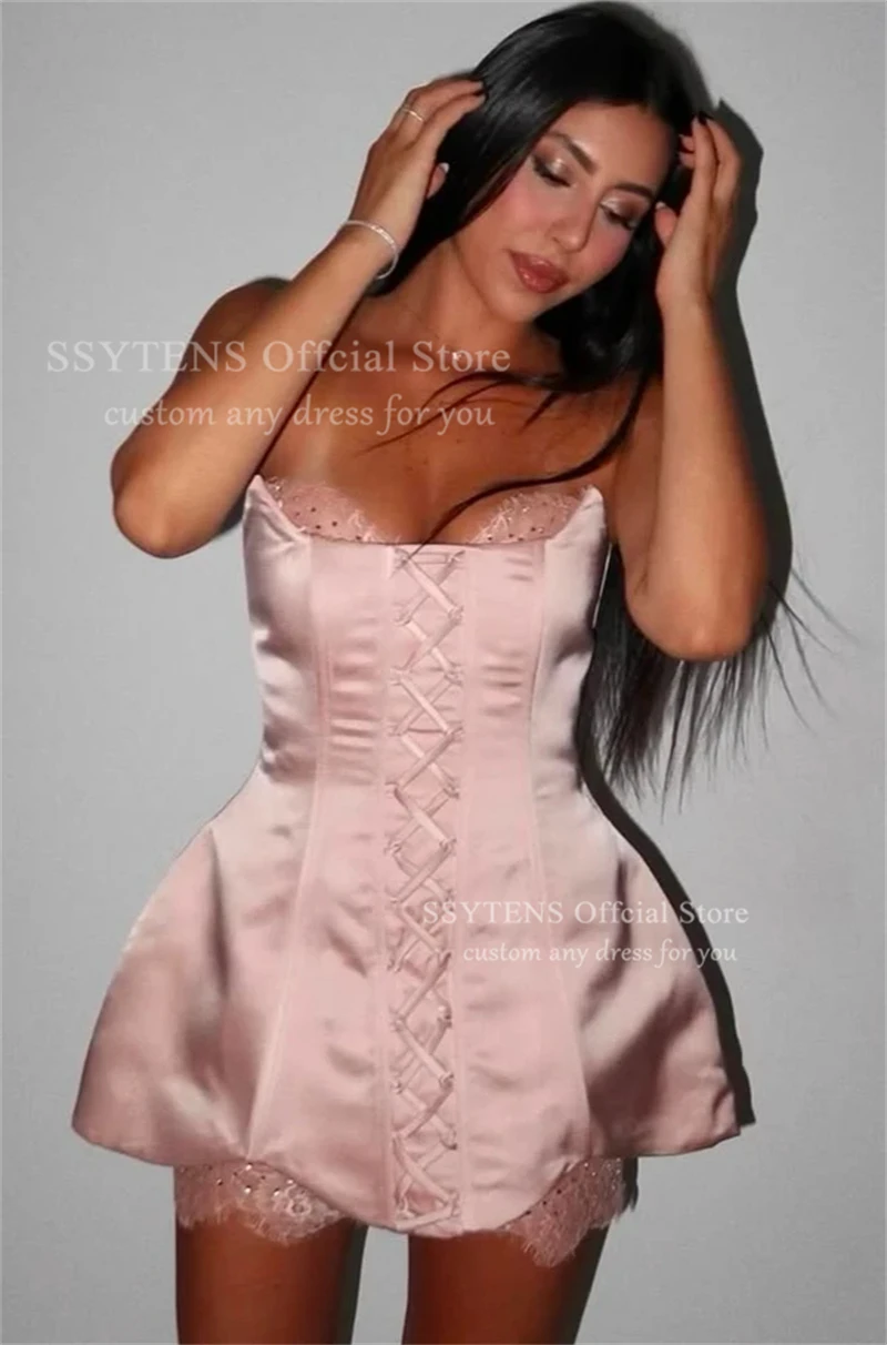 SSYTENS Charming Short Pink Evening Dresses Strapless A-Line Birthday Party Dress Vestidos Sexy Mini Cocktail Gowns Customized