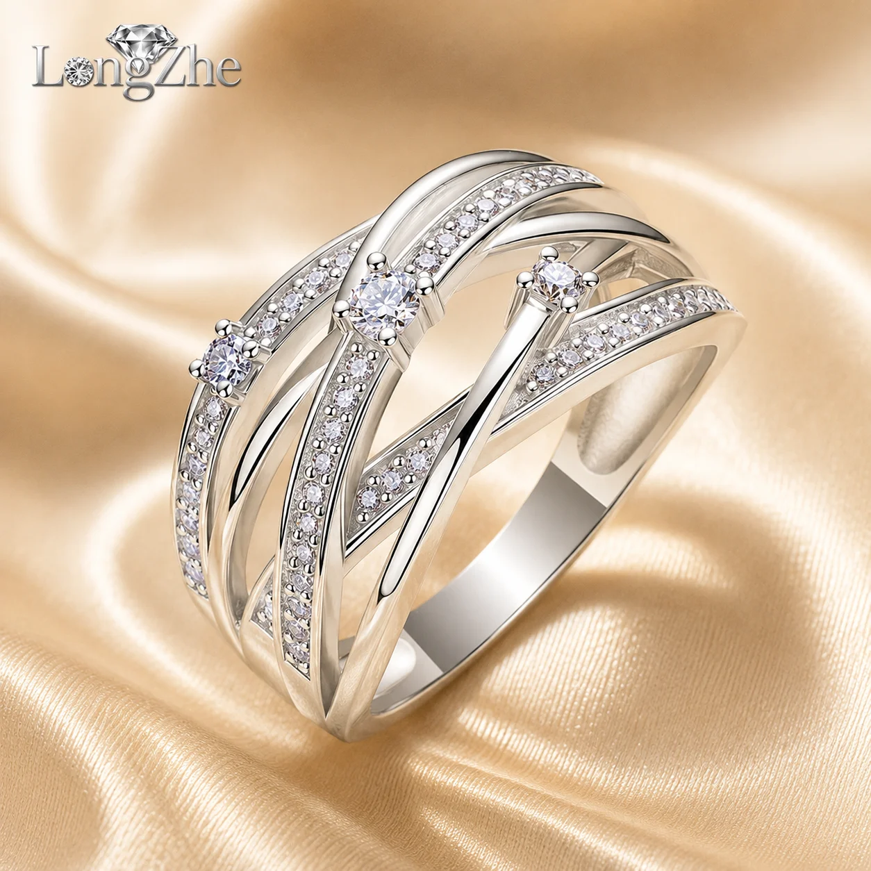 Moissanite Multi Row Ring for Women S925 Sterling Silver Geometric Band Ring 2.5mm D Color VVS1 Stackable Ring GRA Certified