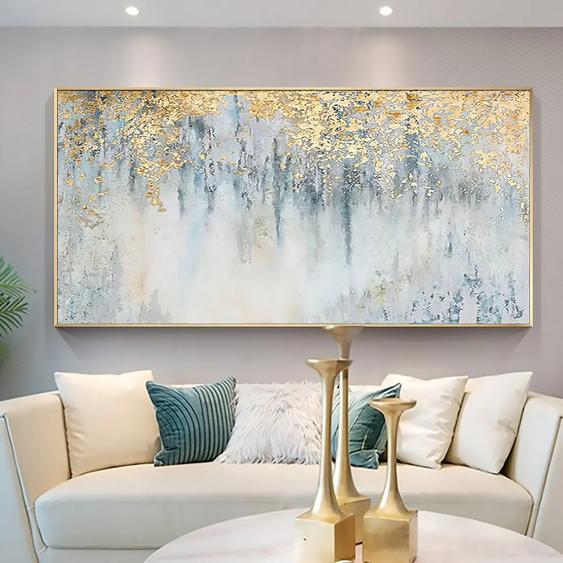 Arte de lienzo de hoja de oro abstracta grande, lámina de oro moderna, pintura al óleo texturizada para decoración de pared de sala de estar