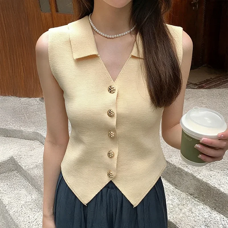 

Women Polo Collared Knit Vests Gold Button Down Sleeveless Waistcoat Knit Top Summer Elegant Slim Fit Knitted Vest