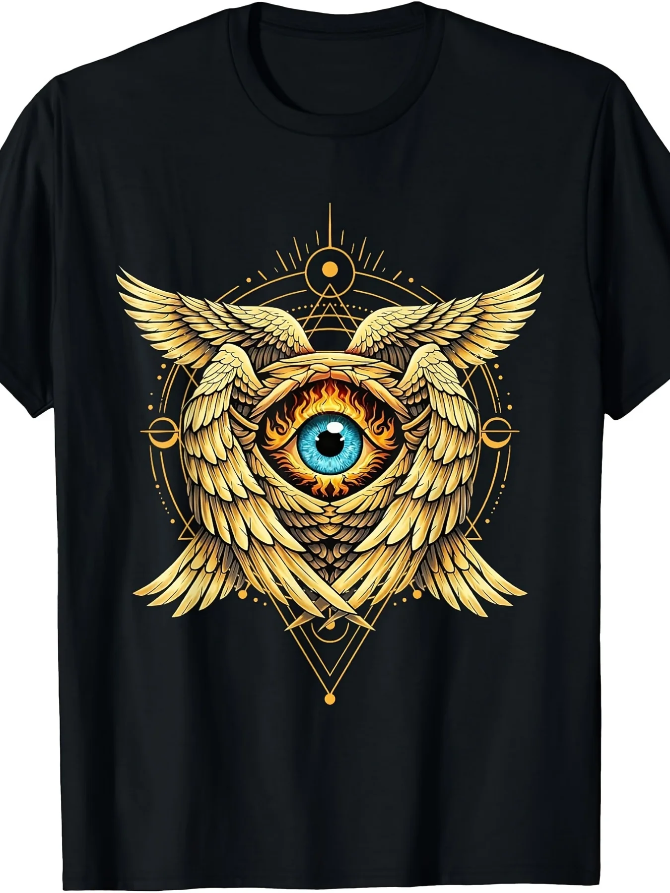 Biblically Accurate Angel Geometric Six-Winged Angel Gothic T-Shirt, Vintage Style Round Neck, Slightly Stretchy Fabric, Regular Fit, a Must-Have Holiday Outfit for Adult Fashion Enthusiasts, Seasonal Plus-Size Style