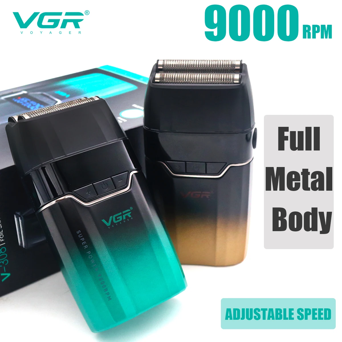 VGR V308 Beard Trimmer Double Foil Full Metal 9000RPM LCD Display  Professional Barber Electric Shaver for Men