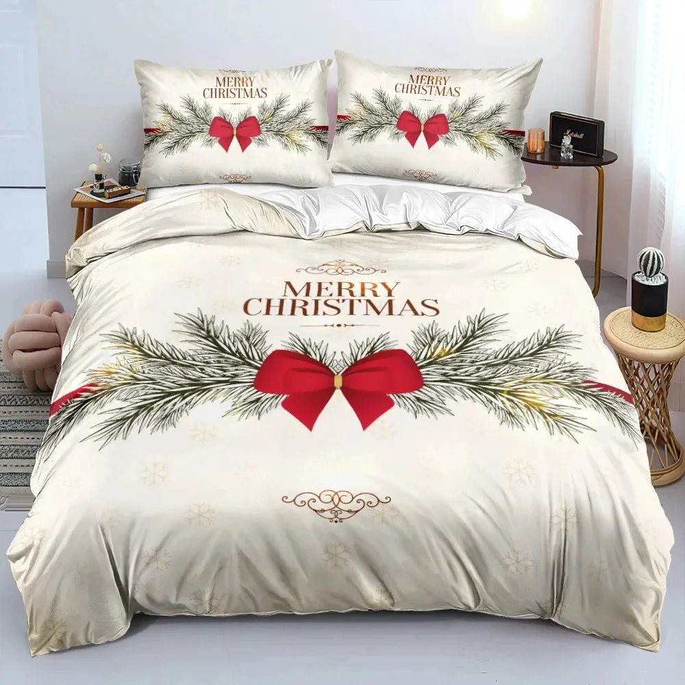 

3D Merry Christmas White Bedding Sets XMAS DuvetQuilt Cover Set Polyester Comforter Cover King Queen Full Twin Red Bow Beige