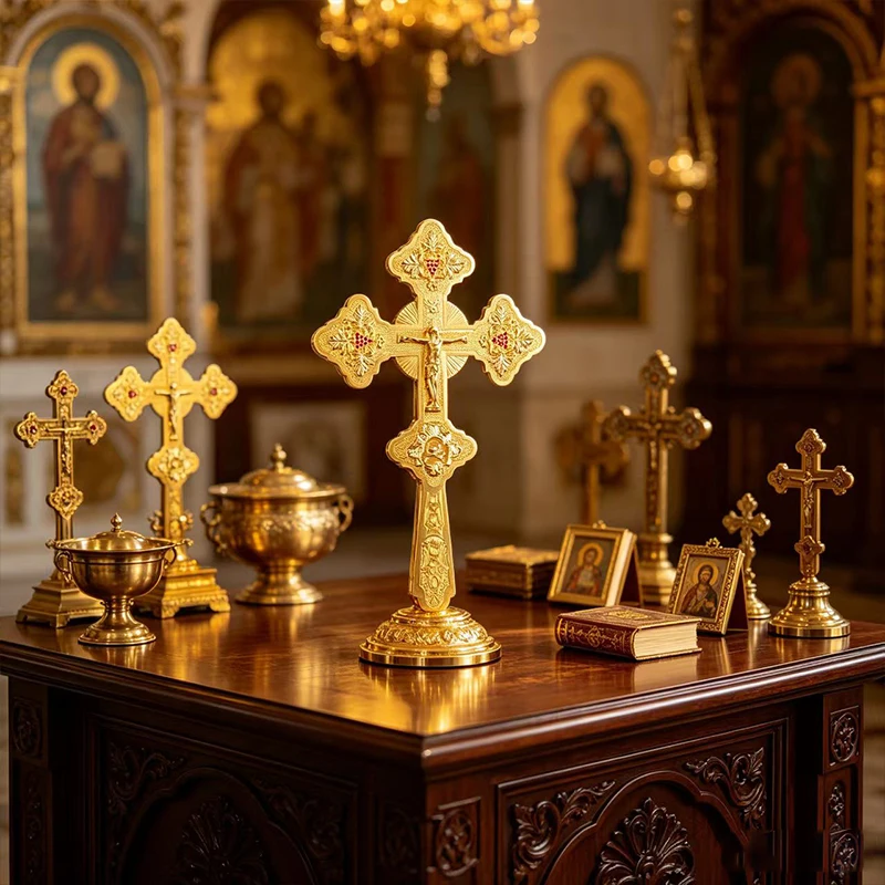 Byzantine Orthodox Hand Cross Gold Plated Metal Crucifix Ornate Religious Christian Decoration for Home Altar Priest Gift INRI