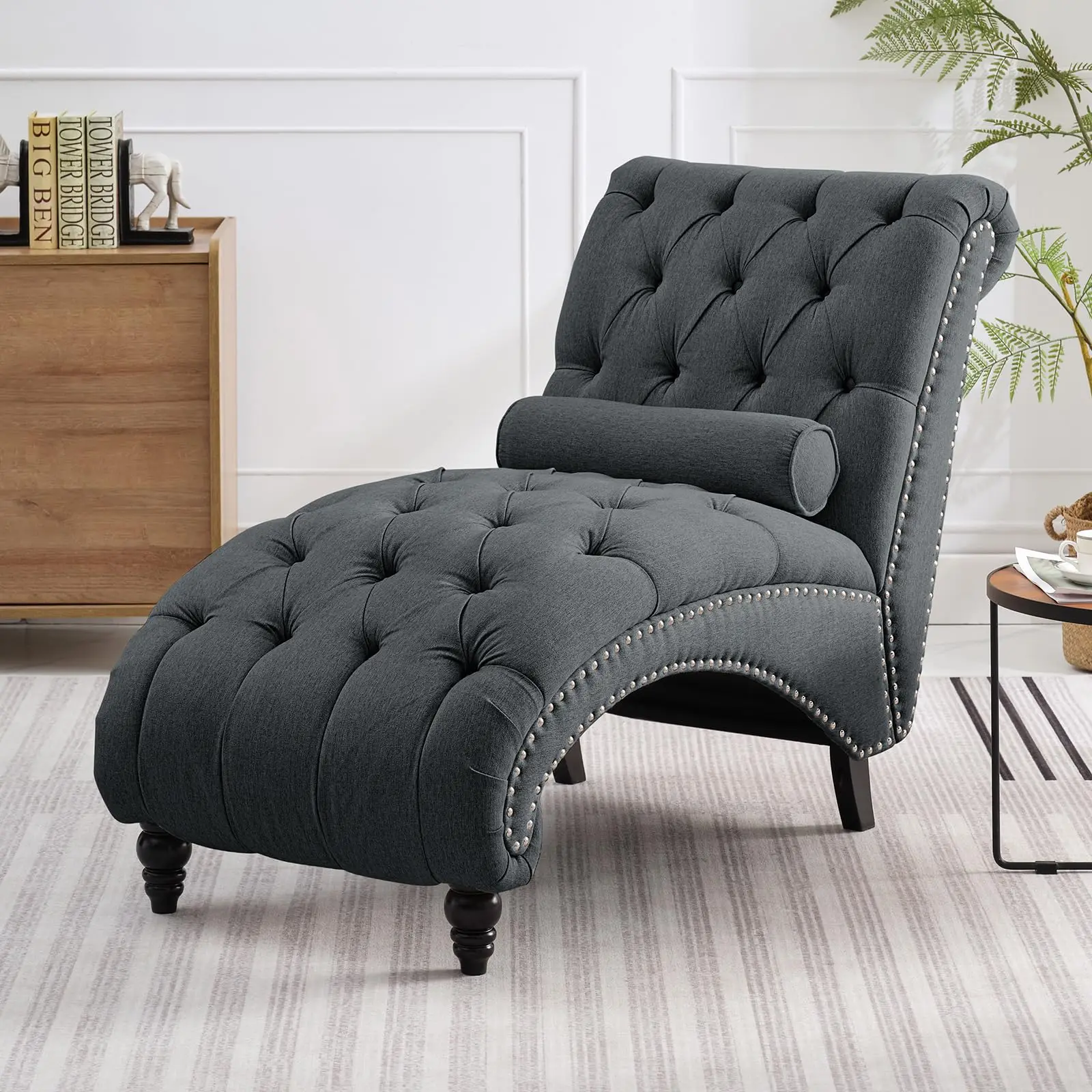 Chaise Lounge Chair Indoor, Button-Tufted Lounges Chair with Support Pillow and Solid Wood Legs, Modern Nailhead Decor