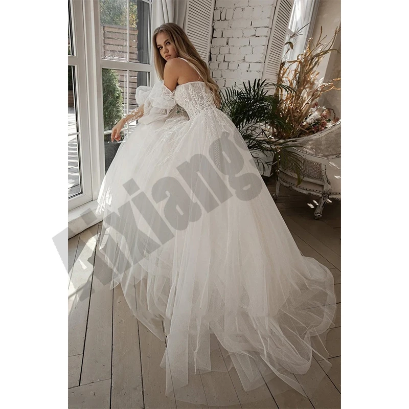 Modern White Wedding Dresses Beads Appliques Vestidos De Novia Luxury Spaghetti Strap Puffy Sleeve A-Line Robe de Marée