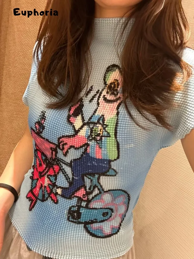 تي شيرت نسائي غير رسمي مطبوع عليه رسوم كارتونية من Euphoria بأكمام قصيرة ورقبة مستديرة تي شيرت نسائي أنيق أزرق Y2K ملابس الشارع الشهير بقصة ضيقة تي شيرت