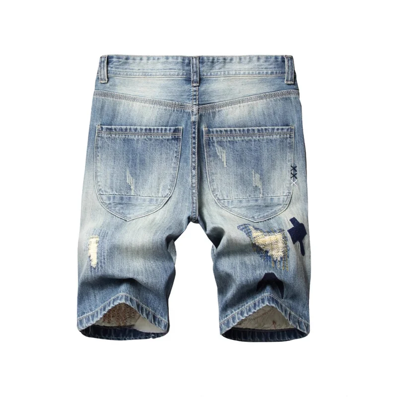 ผู้ชายฤดูร้อนทําลายกางเกงยีนส์กางเกงเย็บปักถักร้อยแฟชั่น High Street Ripped Denim กางเกงขาสั้นหลุม Streetwear Distressed กางเกงขาสั้น