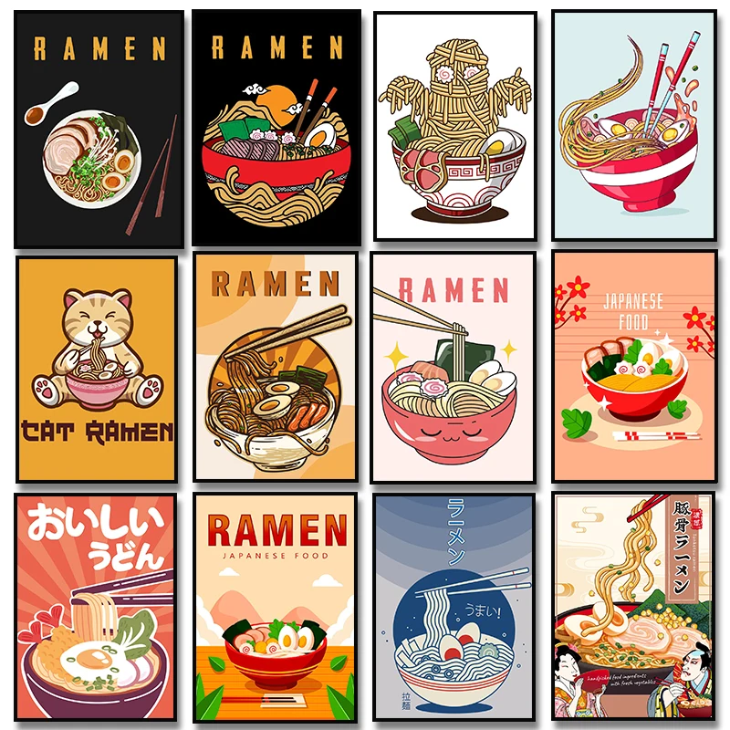 Japanese Food Kawaii Cuisine Ramen Poster Panda Eat Noodles Canvas Painting Wall Picture Print Restaurant Kitchen Decoration