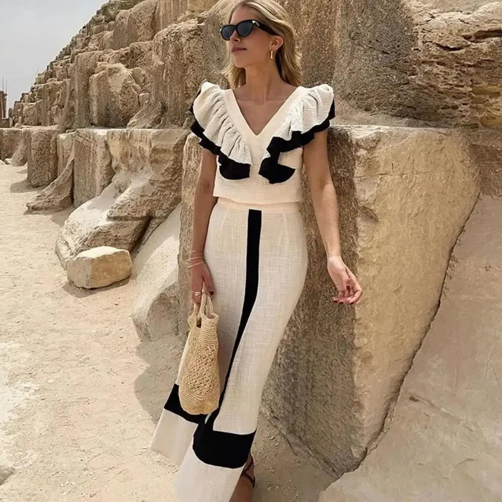 Women Commuter Style Suit Elegant V Neck Ruffle Top High Waist Maxi Skirt Set for Women Chic Vacation Outfit with Color Matching