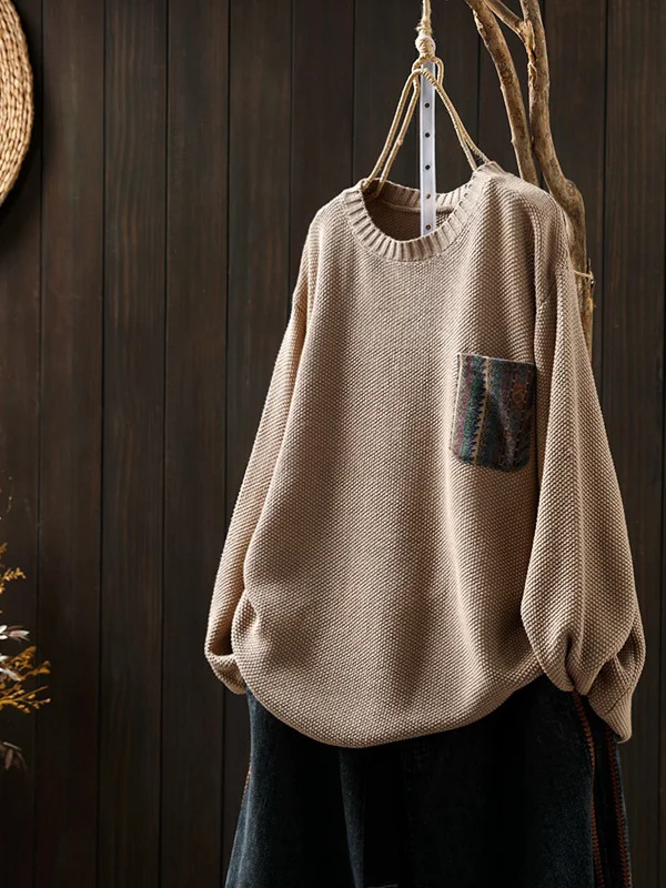 Maglione lavorato a maglia patchwork floreale casual da donna sciolto di grandi dimensioni autunno vintage lungo Sve rotondo Ne pullover filato di cotone