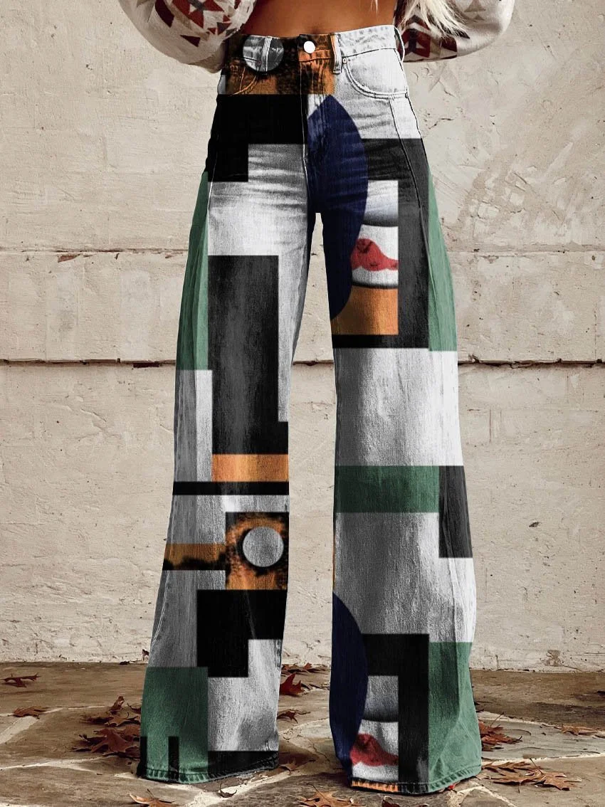 

Slim Fit Wide-Leg Casual Pants Thin Women's Cross Plus Pants Comfortable Fit Cowgirl Imitation Denim Fashion Printed Trousers