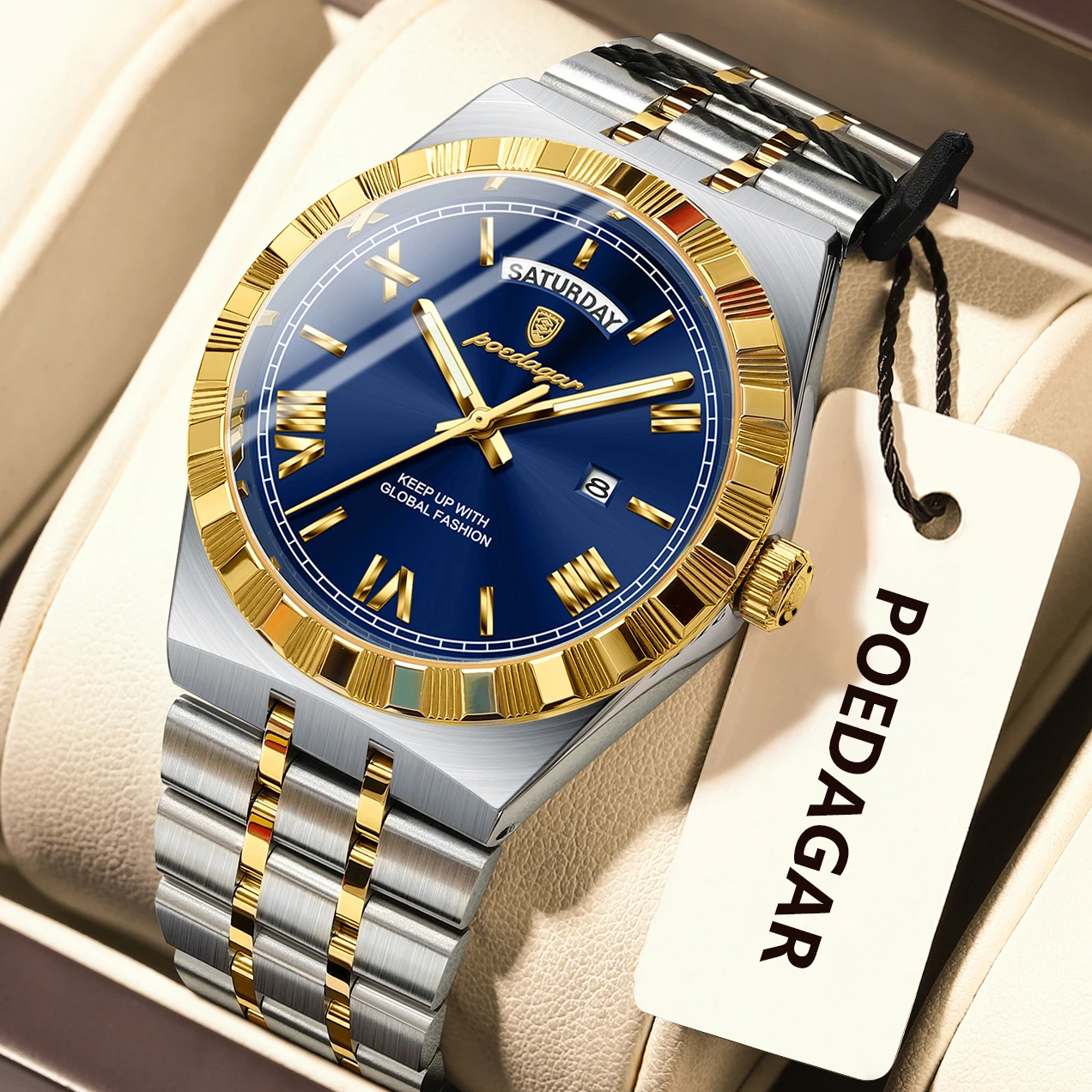 POEDAGAR موضة ساعات للرجال تاريخ الأسبوع مقاوم للماء ساعة رجالية مضيئة الفولاذ المقاوم للصدأ كوارتز ساعة يد رجالية رائعة Reloj