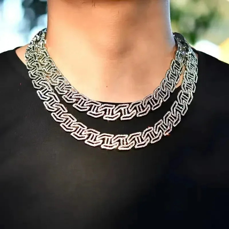 New 16mm Zircon Rhinstones Geometric Cuban Chain Ice Out Bling Rose Gold Silver Color Big Heavy Hip Hop Jewelry