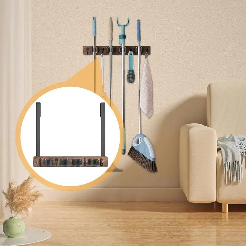 Mop Broom Holder Wall Mounted Wooden Mop And Broom Holder With Hooks Adhesive Mop Gripper Broom Wall Organizer For Kitchen