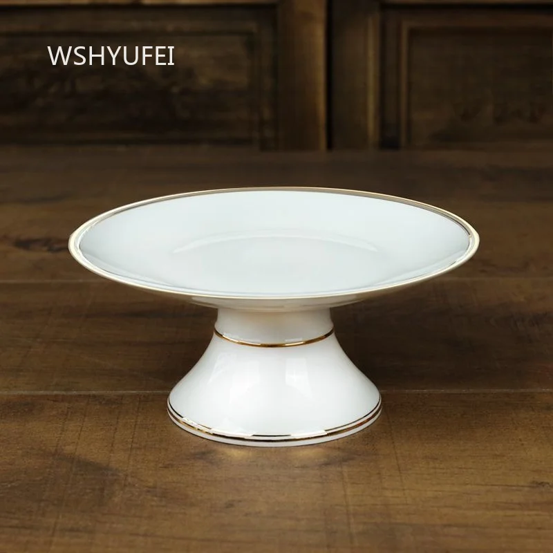 White Porcelain High-footed Fruit Plate with Gold Rim White Ceramic Dessert Bowl Snack Dish for Buddhist Temple Offerings