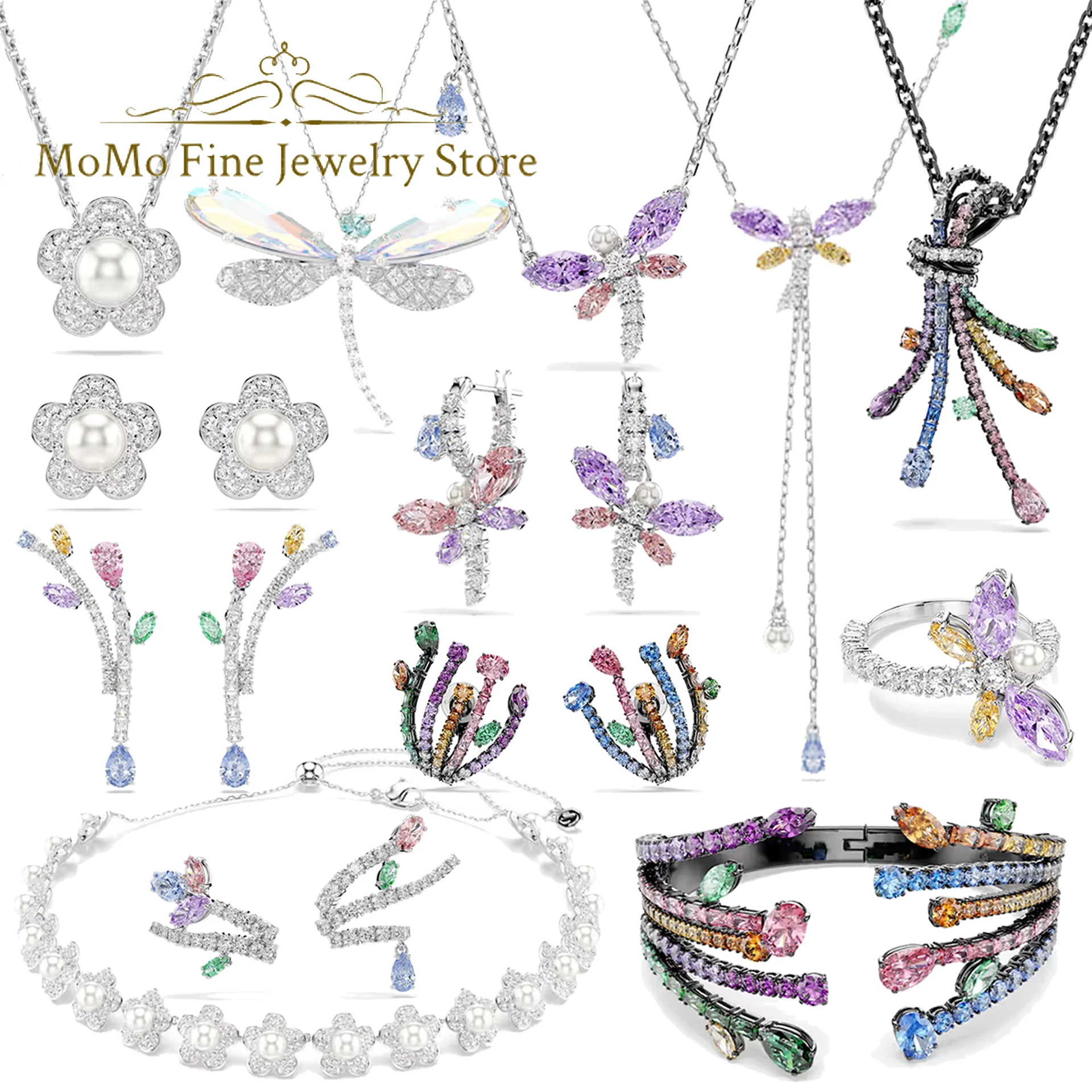 

2026 High Quality Party Jewelry Sets Charm White Pink Butterfly Dragonfly Crystal Fashion Necklaces Earrings Women Romantic Gift