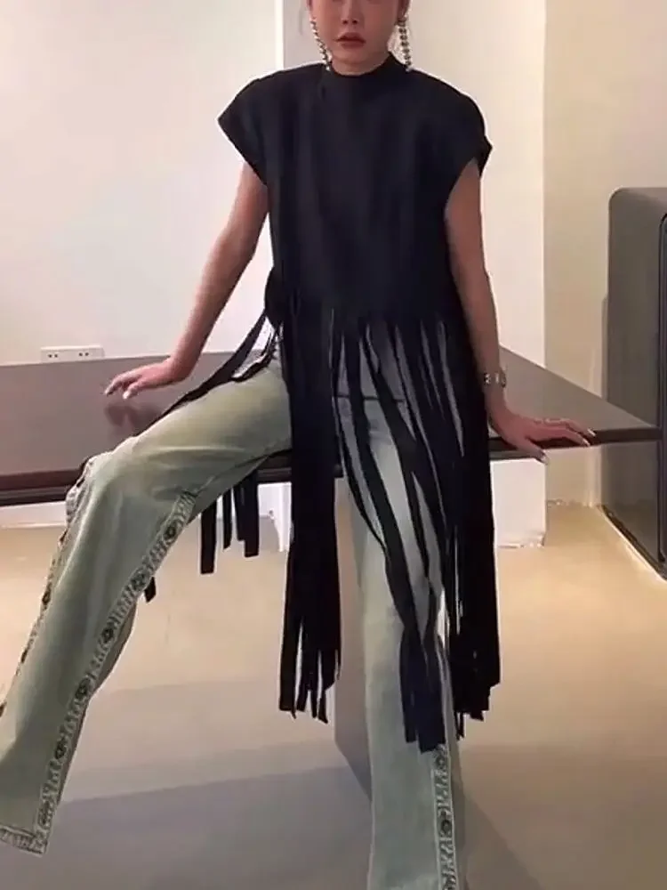 

Vintage Loose Tassel Short-sleeved T-shirt Top for Women Tshirts Harajuku Summer Black Niche Design Long Pullover Hoodie Trendy