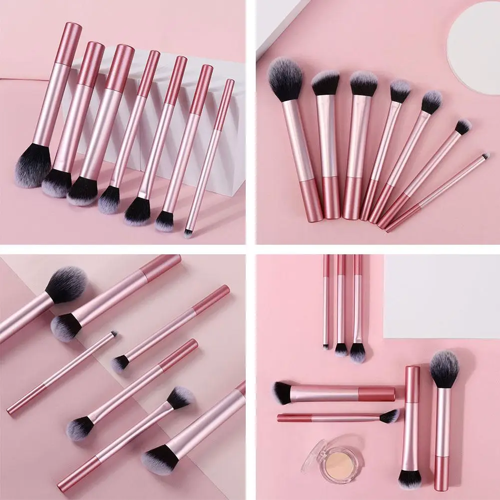 Ensemble de pinceaux de maquillage professionnels, brosse à poudre, correcteur, ombre à barrage, outil de maquillage, cheveux fins, rose, 7 Tan, 7 pièces