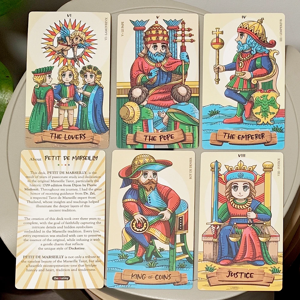 Petit De Marseilly Tarot Deck, 78 Pcs Cute Chibi Marseille Tarot Cards in Rigid Box 12*7cm Double-embossed Cardstock