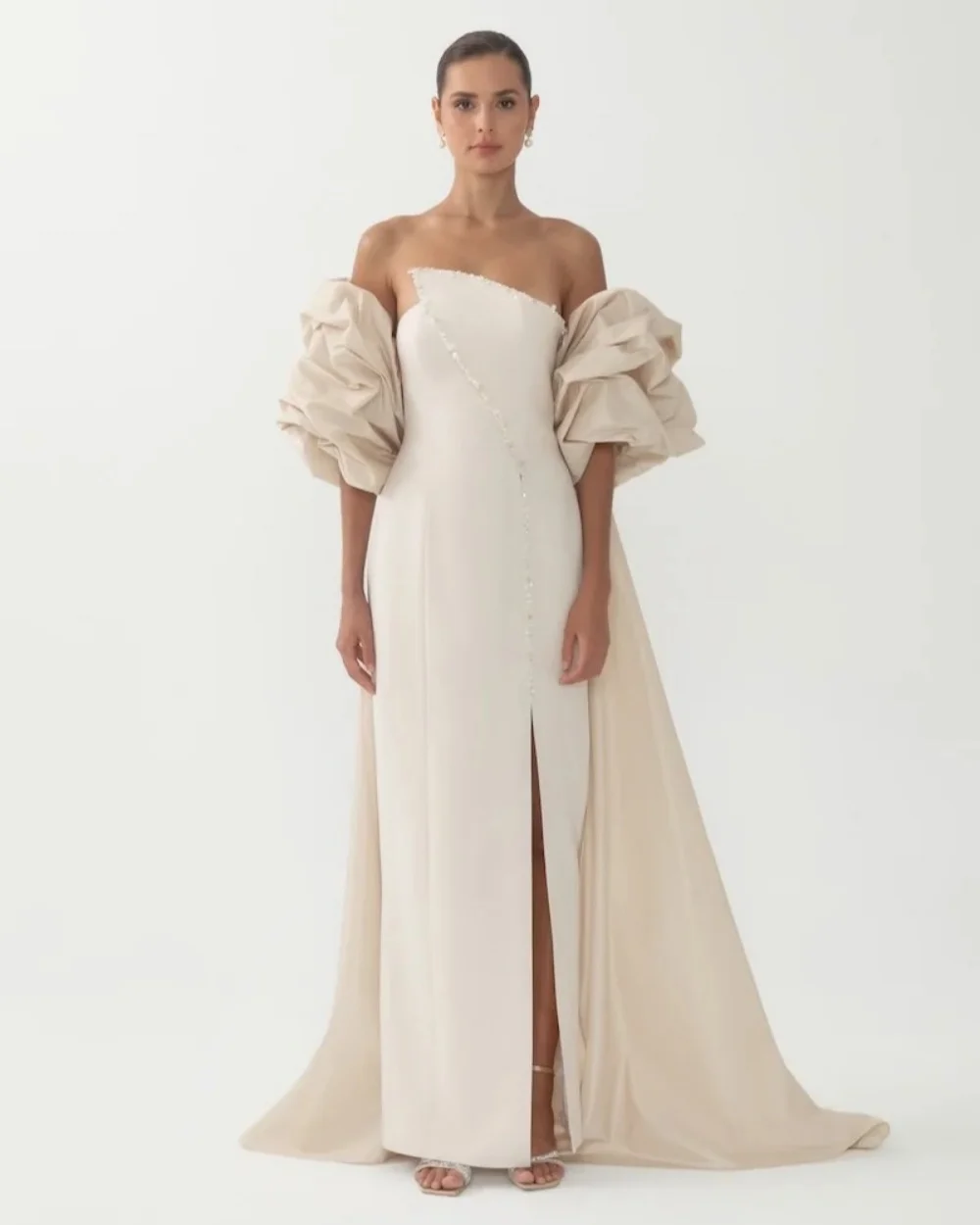 

Customized Elegant Women Jersey Rhinestone Pleat Straight Evening Dress Formal Strapless Sleeveless Slit Floor Lenght Party Gown