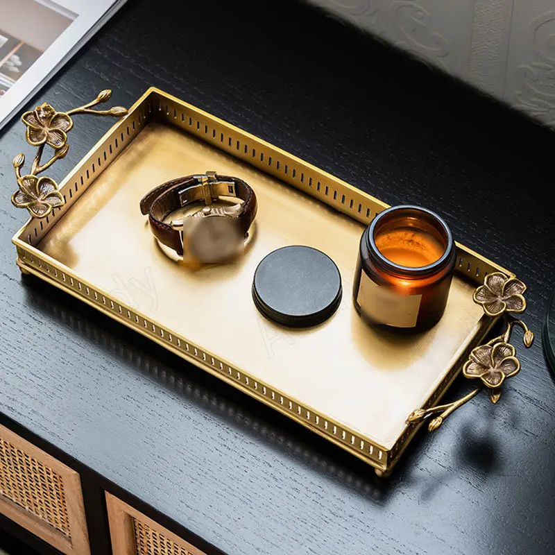 Handmade Brass Storage Tray Creative Floral Hollowed Out Living Room Fruit Plate Bedroom Desktop Cosmetic Container Home Decor