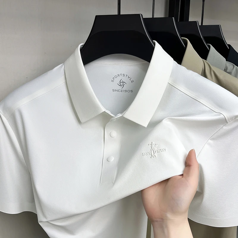 Trend ice silk short sleeve men polo shirt high-end brand letter embossed casual golf breathable new summer solid color T-shirt