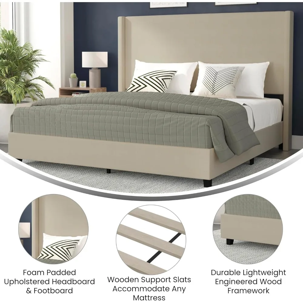 Wingback Platform Bed - Beige Faux Linen Upholstery - Durable Engineered Wood Frame , No Box Spring Needed , Lightweight Design