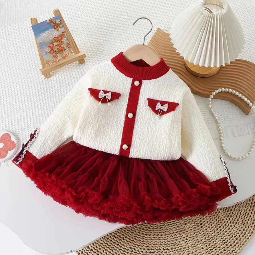 MILANCEL New Spring Kids Clothes Set Girls Color Blocked Sweater Cardigan + Tutu Skirt Children Outfit 2PCS